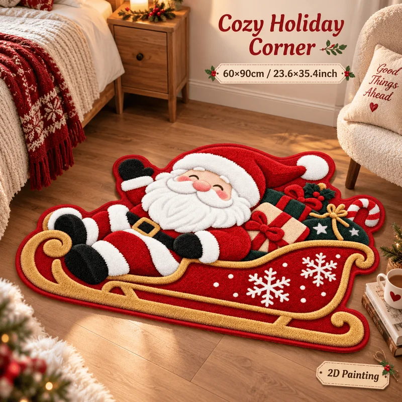 VIKAMA Cute Xmas Santa Claus Sleigh Irregular Shaped Rug Soft Plush Non-Slip Washable Absorbent Entryway Doormat Cozy Home Decor