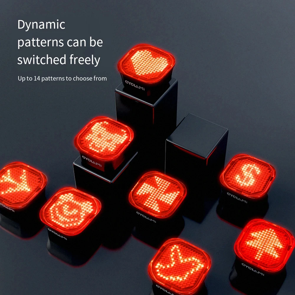 Smart Emoji Bicycle Tail Light Rechargeable Auto On/Off 14 Dynamic Patterns Brake Sensing Wireless Remote Turn Signal