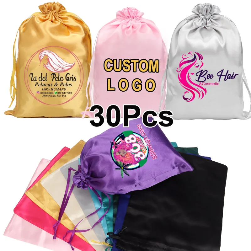 Satin Wig Storage Bag 30Pcs Hair Packaging Wig Storage Satin Bag Custom Logo Hair Extensions Bags Silk Drawstring Bags 25cm*35cm