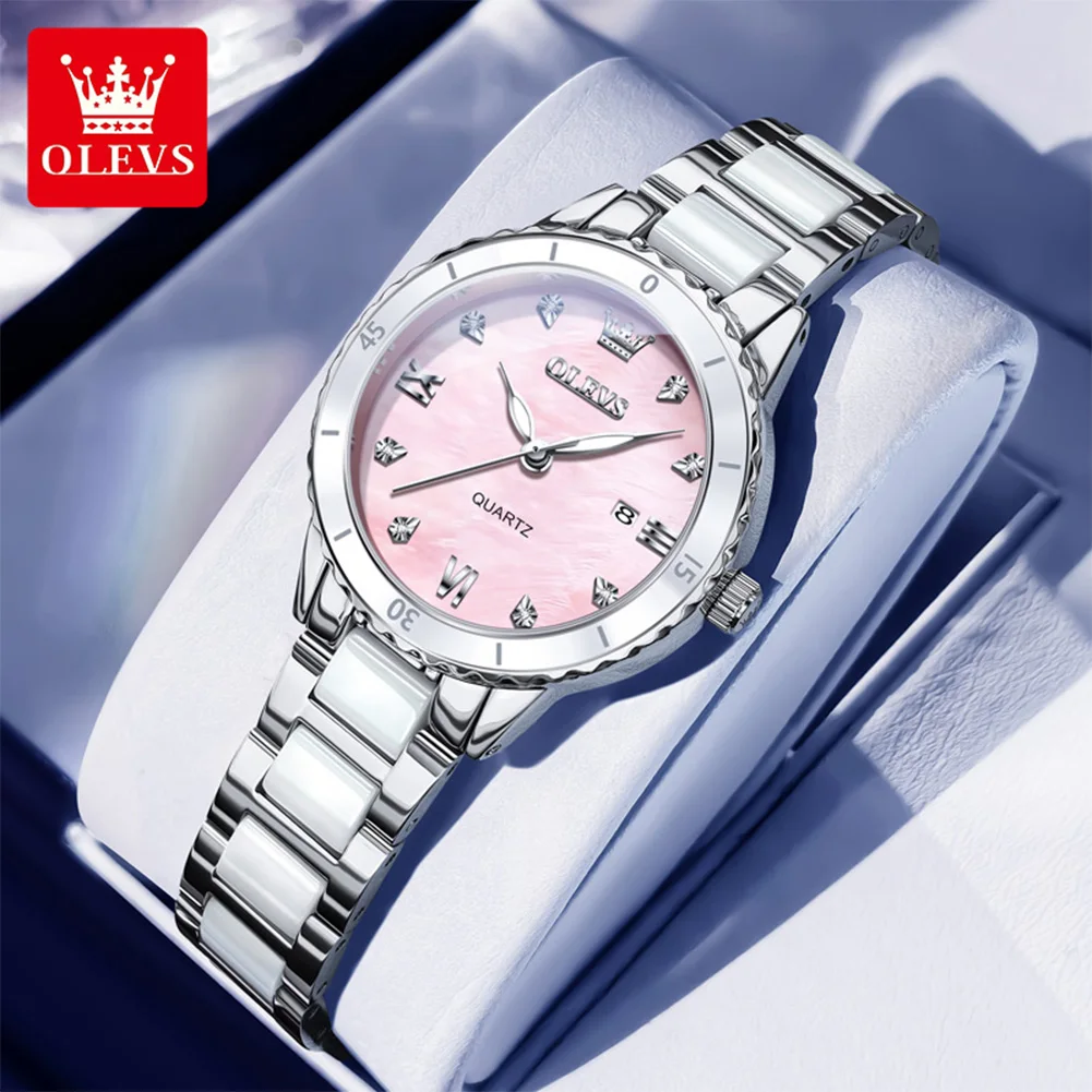 OLEVS 9985 Ceramic Steel Watch For Women Quartz Wristwatch Korean Style Waterproo Luminous Auto Date Watches Luxury Women Gift