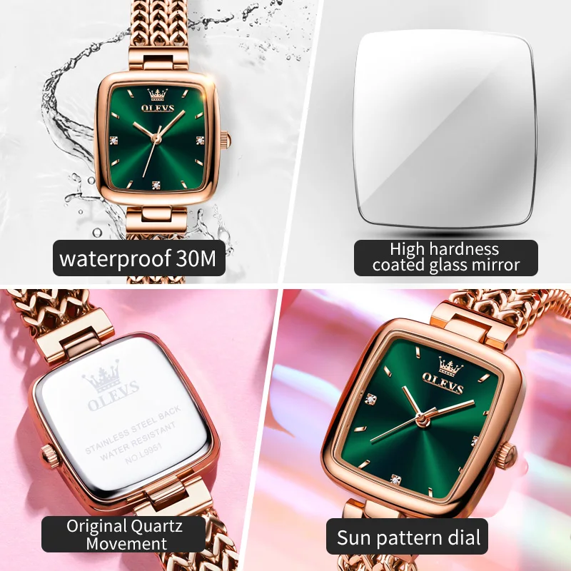 OLEVS Quartz Watch for Women Elegant Rose Gold Stainless Steel Square Watch Original Ladies Wristwatches Jewelry Set Gift Luxury