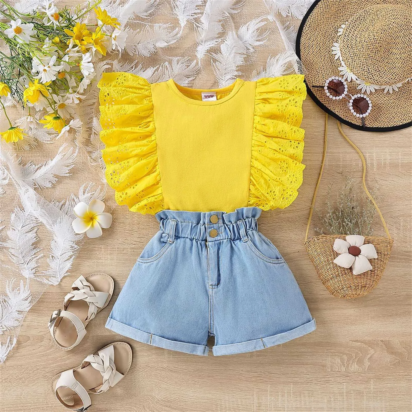 Kids Girls Clothes Set Summer Solid Cotton Ruffle Sleeveless Vest Jeans Shorts Outfits Children Clothing Girl 5 6 7 8 9 10 Years