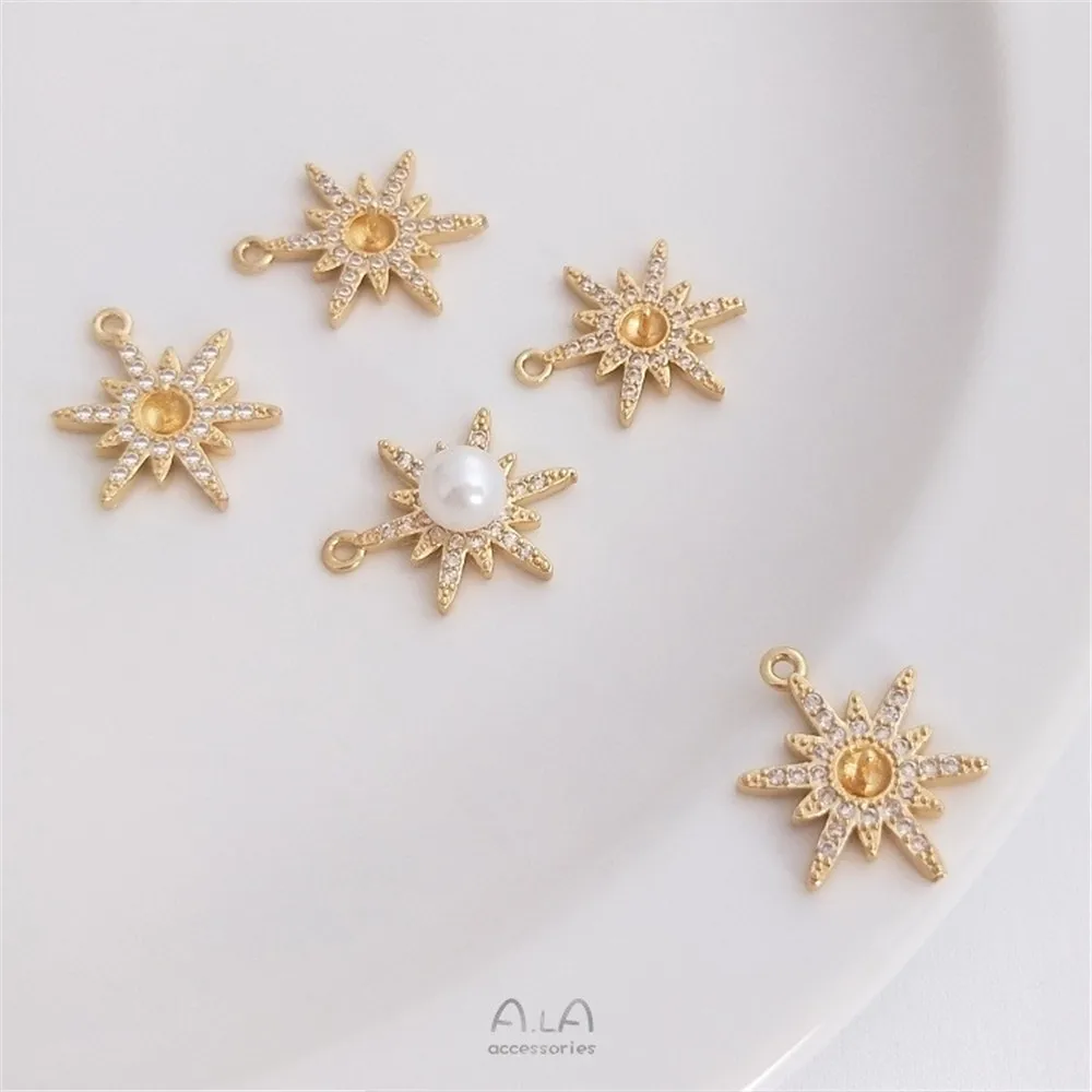 

14K Gold Color Preservation Micro-inlaid Zircon Star Snowflake Half-hole Pearl Tray Pendant Diy Star Collarbone Necklace Pendant