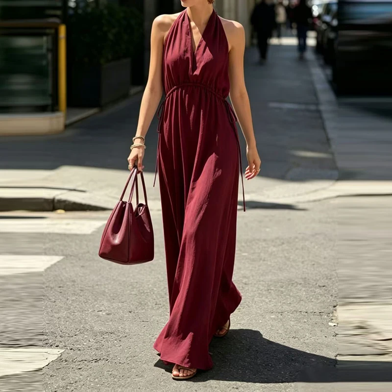 Elegant Sleeveless Backless Vacation Dress Summer Solid Color Women's Commute Dresses Fashion V-neck Drawstring Loose Maxi Dress
