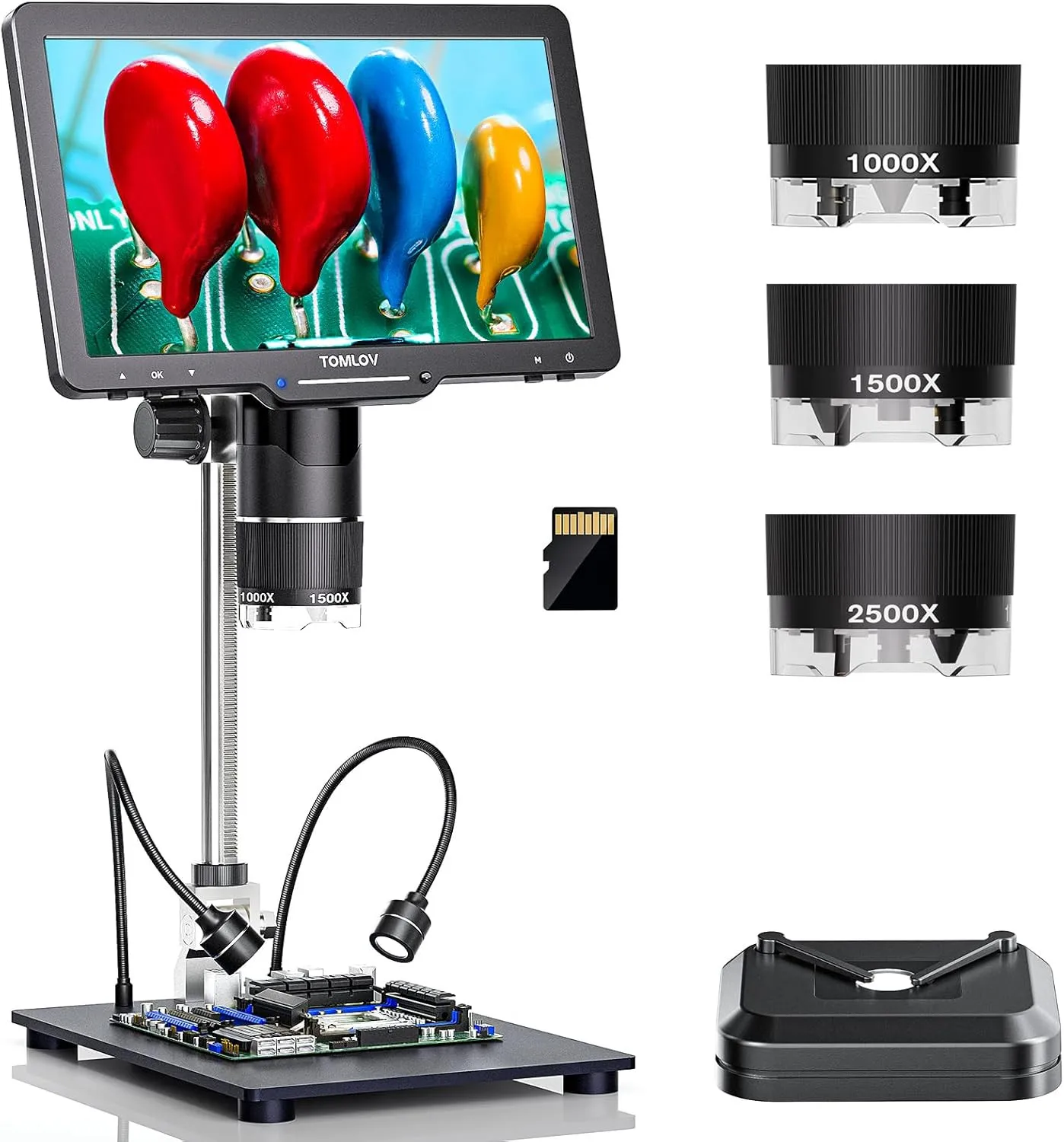 TOMLOV Digitalmikroskop 2500X 3-Linsen 2K HDMI Münzmikroskop Lupe TriL110 10,1" IPS-Bildschirm für die Gesamtansicht von Münzen, Schaltkreis-PCB-Lötmikroskope für Erwachsene, 14 LED-Leuchten,