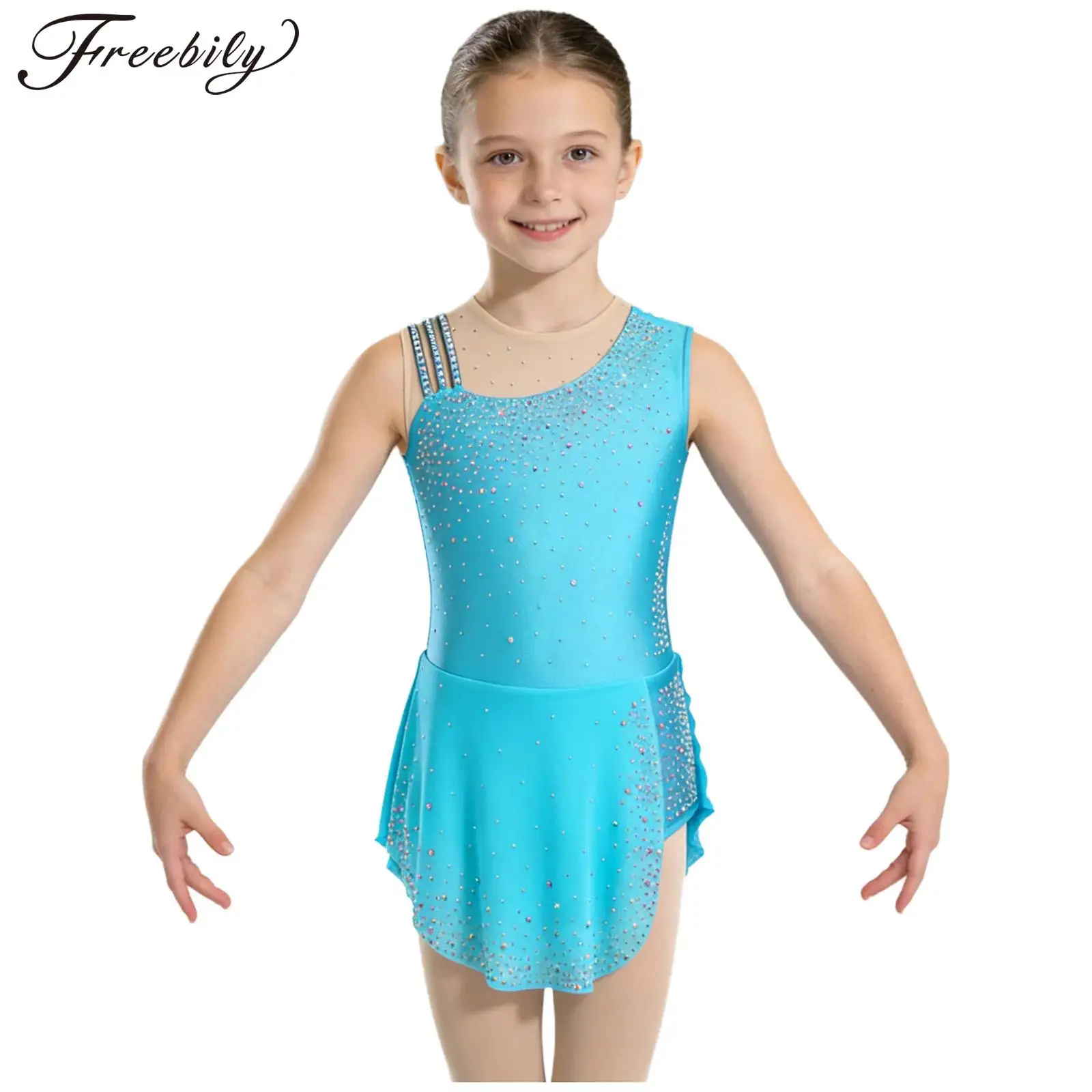 Kids Girls Figure Ice Skating Rhythmic Gymnastics Costume Sleeveless Shiny Rhinestones Ballet Dance Dress Leotard Performance