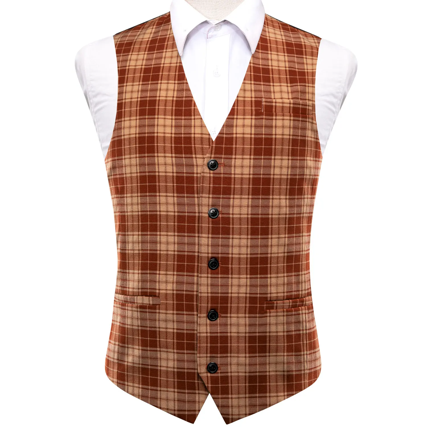 Hi-Tie Orange Multi Viscose Mens Vest Jacquard Check Waistcoat Sleeveless Jacket for Male Wedding Business Daily Oversized Gift