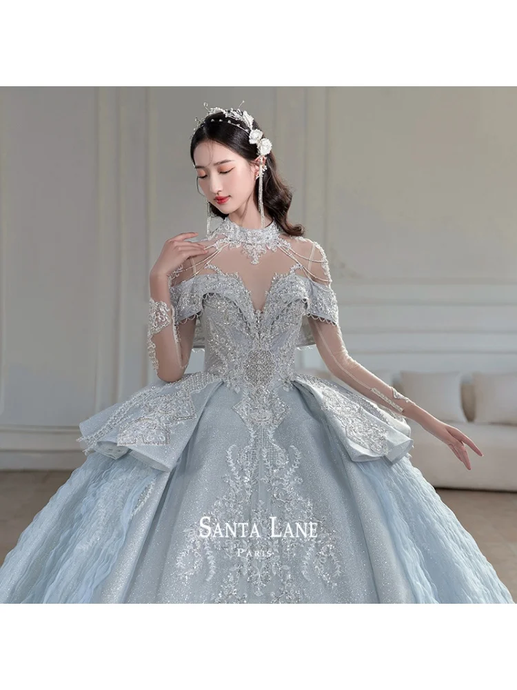 Wedding dress Bridal BLUE Sleeve Palace Style Main Yarn Advanced Texture Veil Bride dress Princess Gown H233