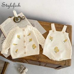 Spring Baby Girl's Treasure Embroidered Hollow Long sleeved Knitted Coat+Flower Knitted Romper 2 pieces can be sorted