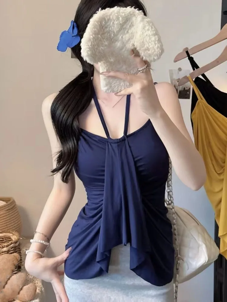 Women's Sexy Halter Top Y2k Asymmetric Sling Tank Summer New Mesh Ruched Slim Fit Vest Tummy Control Casual Camisole