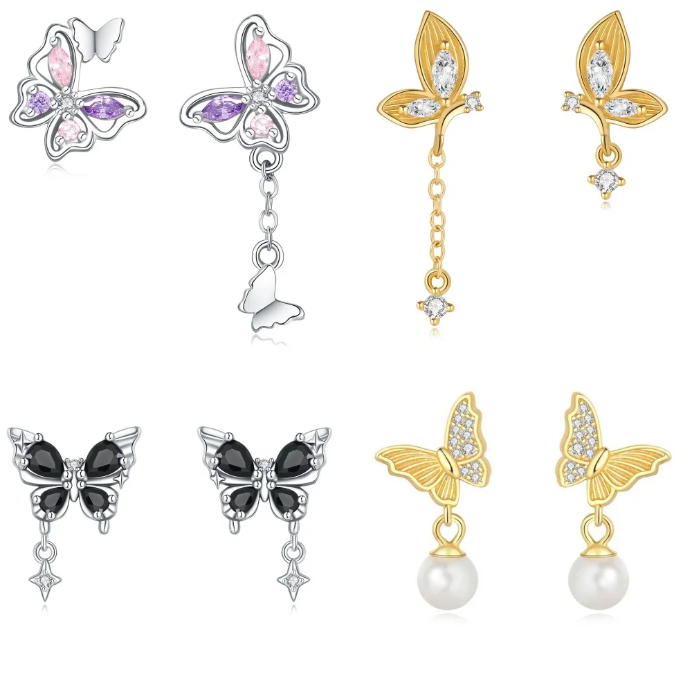 925 Sterling Silver Butterfly Insects Series Stud Earrings Zircon For Women Exquisite Daily Wear Jewelry Accessories Party Gifts