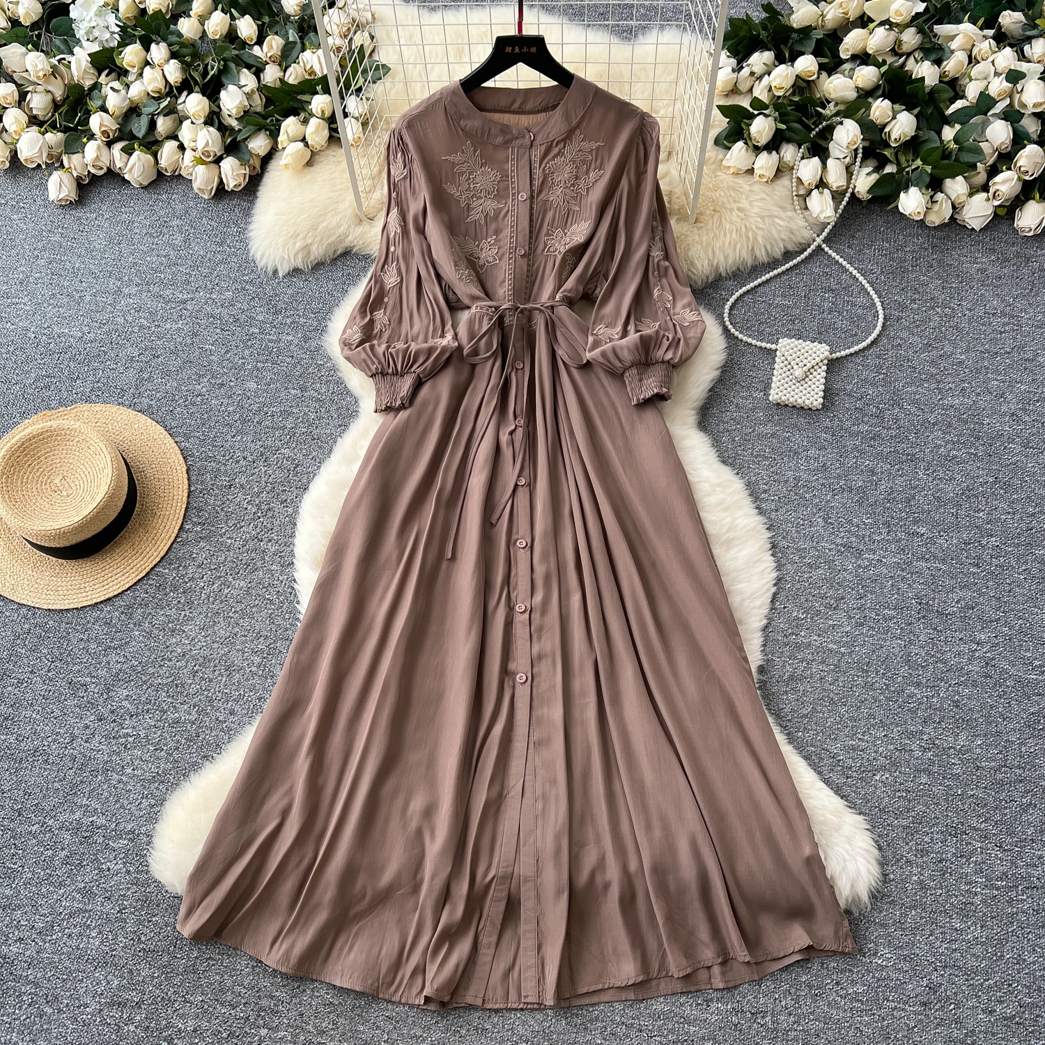 Vintage elegante geborduurde knoopjurk A-lijn chique casual strandvakantie dames zomerjurken