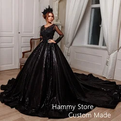 High Quality Black Wedding Dress for Woman Long Sleeve Scoop Applique Feathers Sequined Ball Gothic Bride Dresses Vestido Noiva