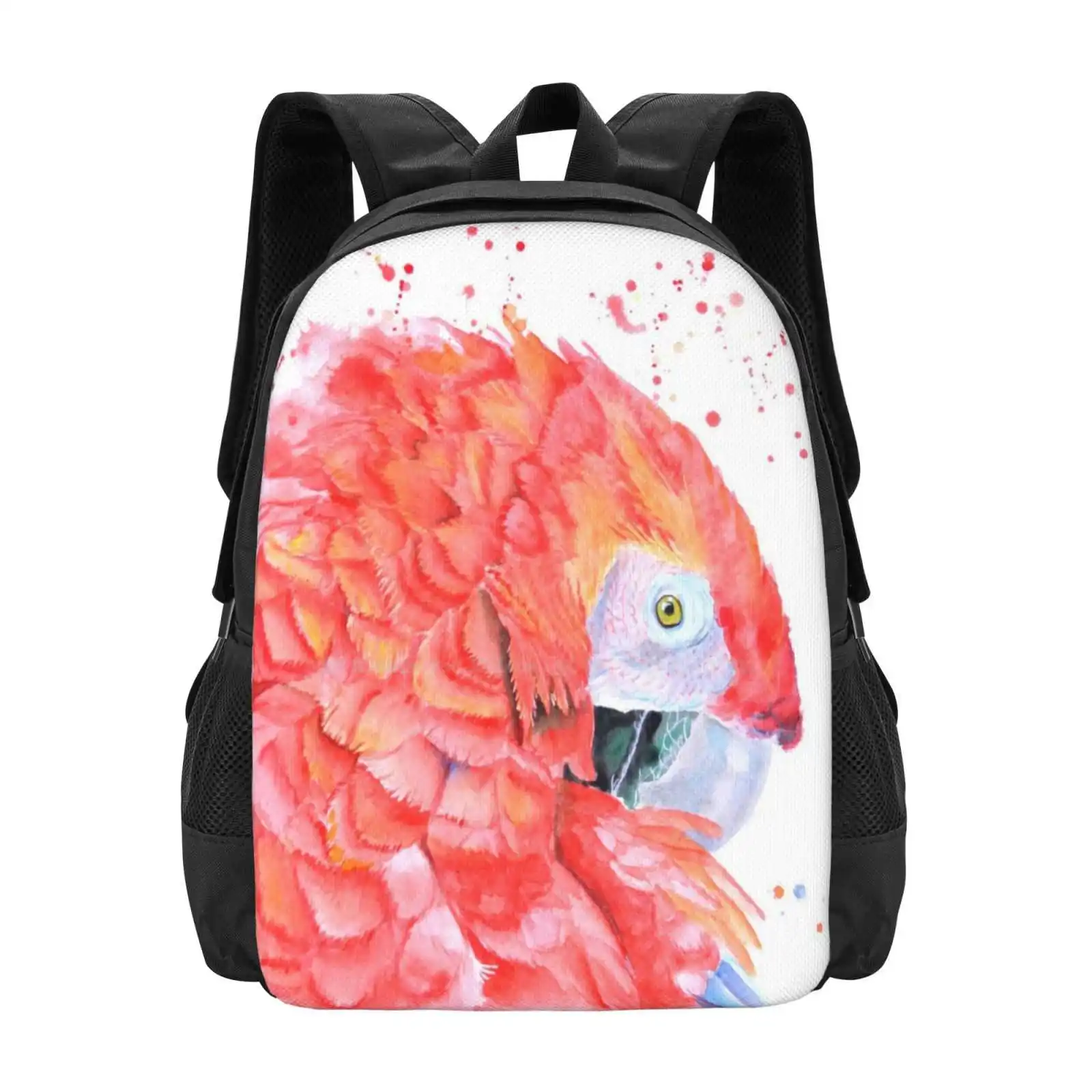 Loro Rojo Teen College Student Backpack Pattern Design Bags Parrot Red Watercolor Projection Drops