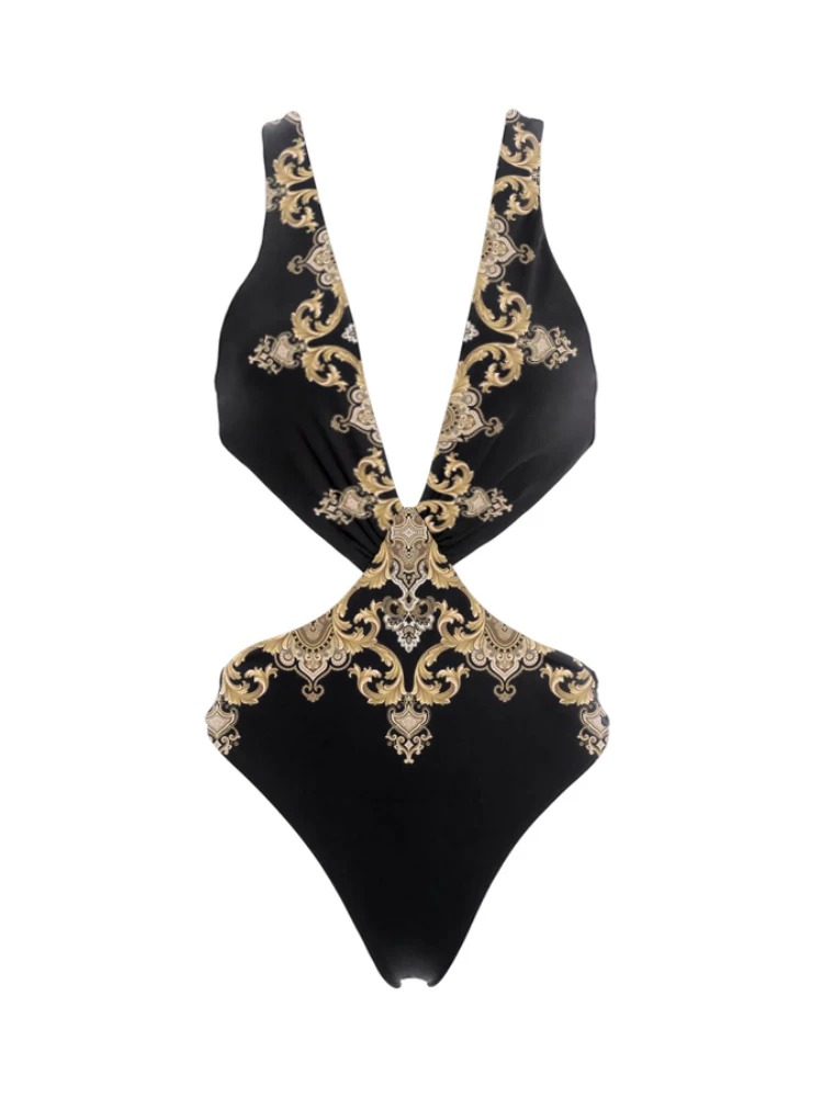 Black Gold Print Halterneck Waist Cutout One-piece Sexy Beach-style Bikini Swimsuit