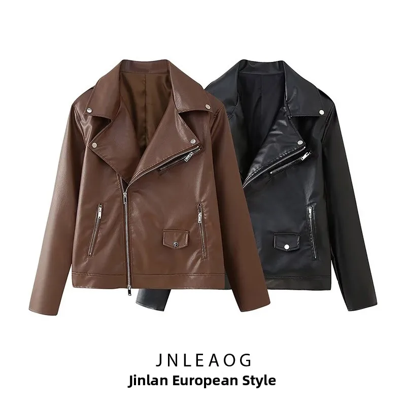 JNLEAOG New Faionable Street-Sle Women's Jaet Zipper Detail Leather-look Coat Long Sve Regular Length Polyester Fiber