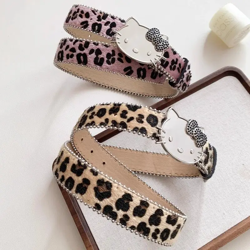 

Cartoon Pattern Hello Kitty Women's Leopard Print Belt Adjustable Fashion Wear Rhinestone Belts Jeans Clothing Accessories