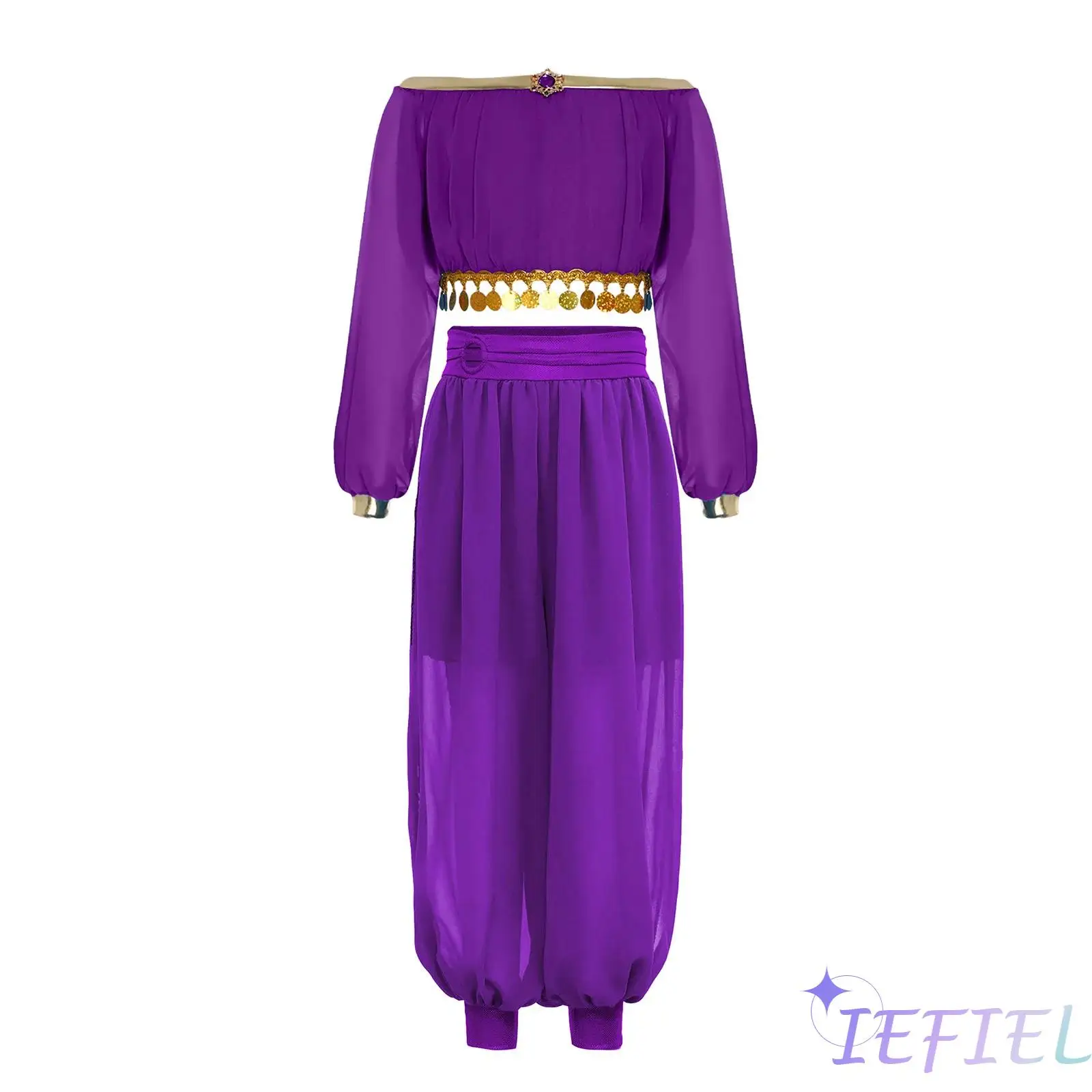 

Girls 2 Pieces Belly Dance Costume Sequin Tassels Rhinestone Decoration Crop Top with Side Split Pants Bloomers for Masquerade