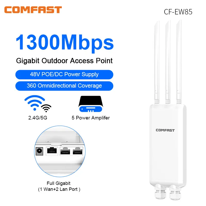 

Comfast 1300Mbps Outdoor Access Point 2.4G&5GHz Gigabit AP 500M Long Range Repeater High Power 3*5dBi WiFi Antenna Street Router