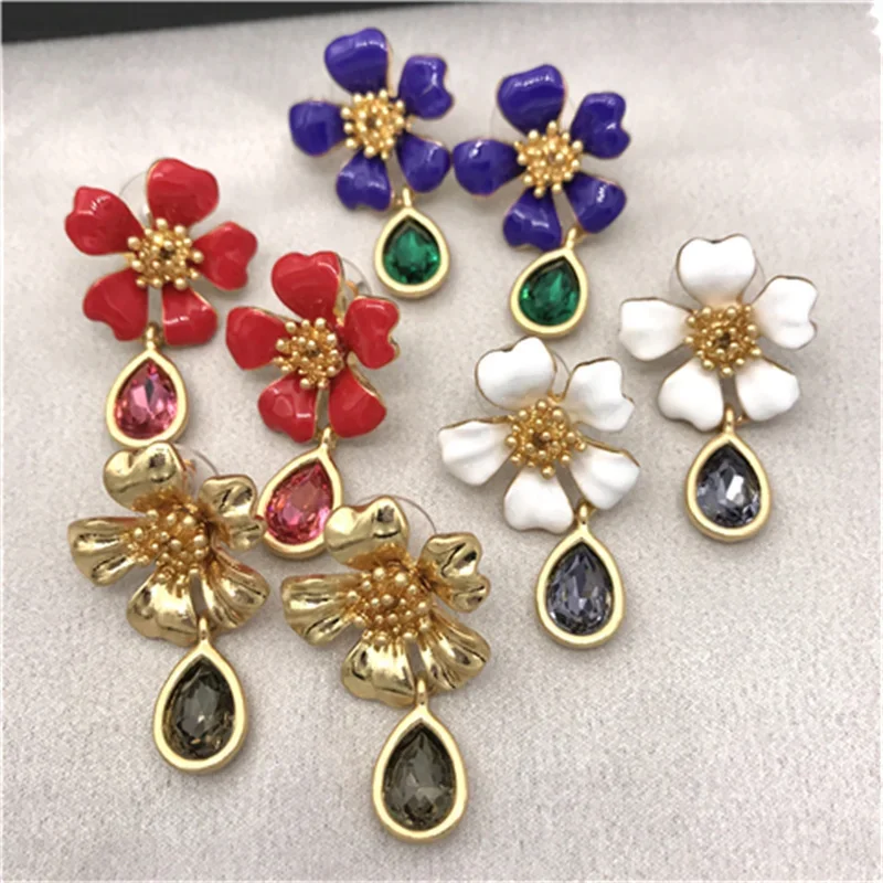 

European and American style trend of enamel glaze flowers restore ancient ways do old crystal stud earrings