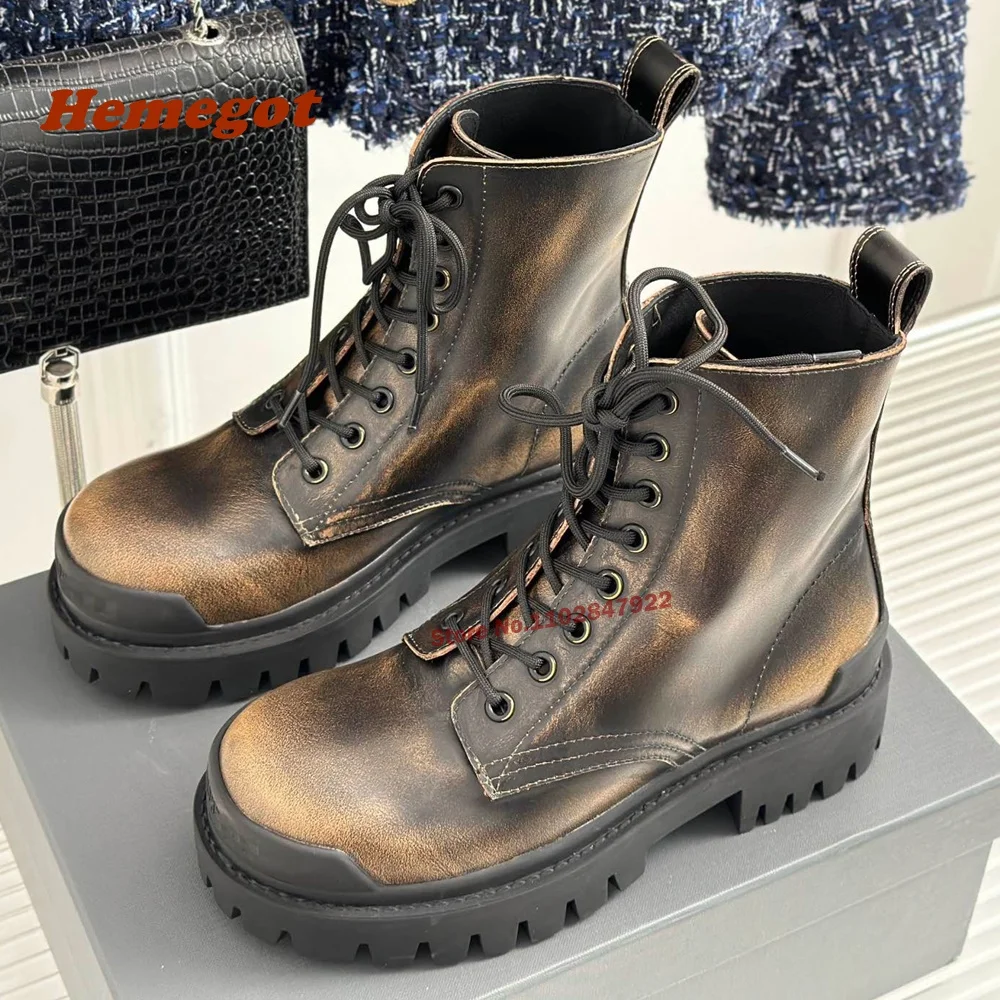 Paint-Splatter Boots In Black Round Toe Height Increasing Women\'s Boots Punk Lace Up Genuine Leather Knight Boots Winter Female
