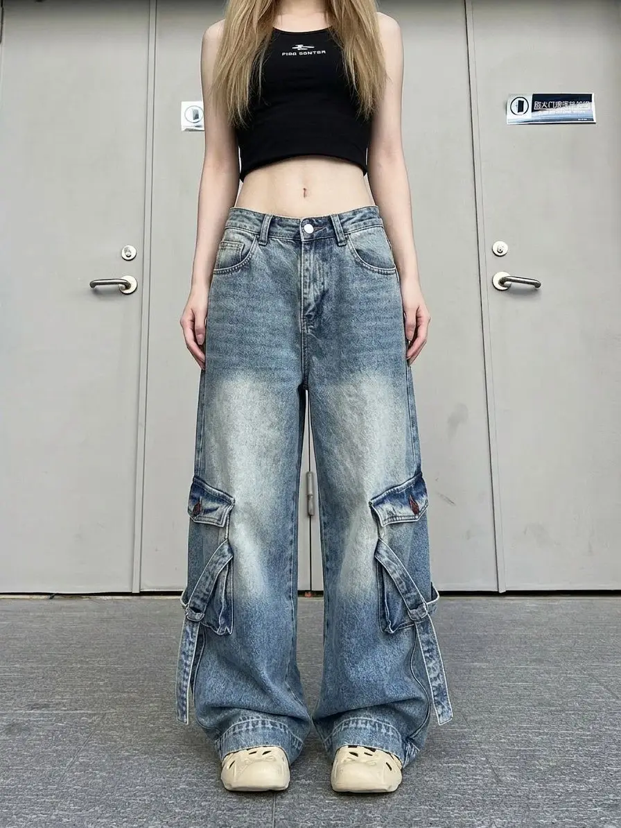 Women's Large Pocket Design Vibe Wide Leg Jeans Street Cool Girl Bottoms Casual Denim Pants Female High Waist Baggy Trousers