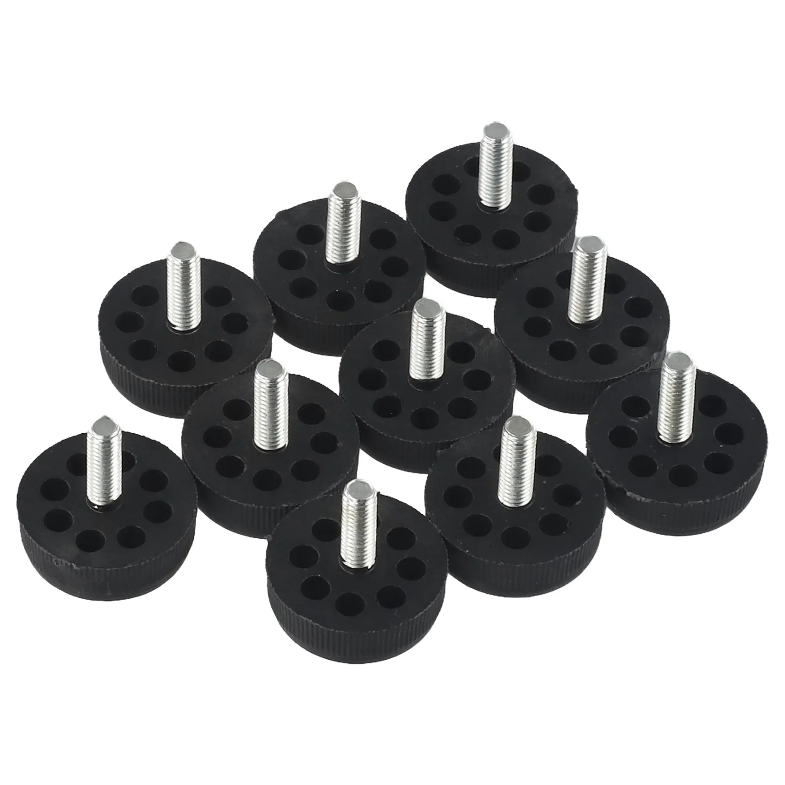 10 Piece Adjustable Foot Risers for Furniture with Black Plastic Base and Standard Metric Threads for Stability and Leveling