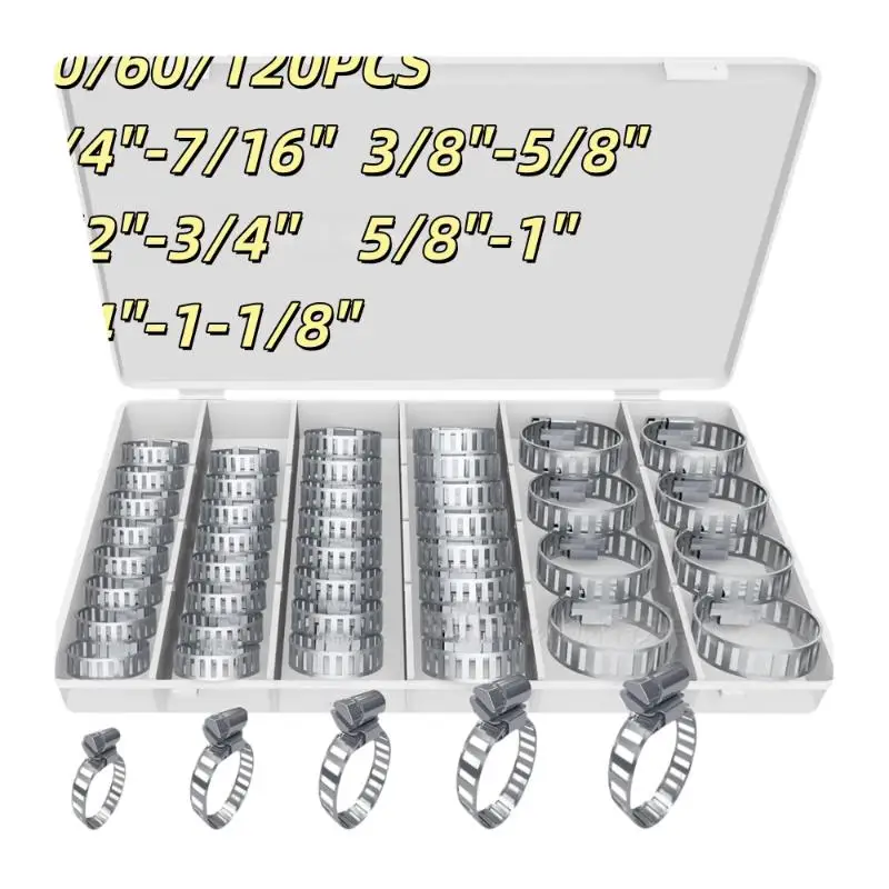 ~50/60/120Pcs 1/4''–1-1/2'' Worm Gear Clamps Stainless Steel Hose Clamps Assortment Kit For Fuel Line Plumbing Auto Mechanical