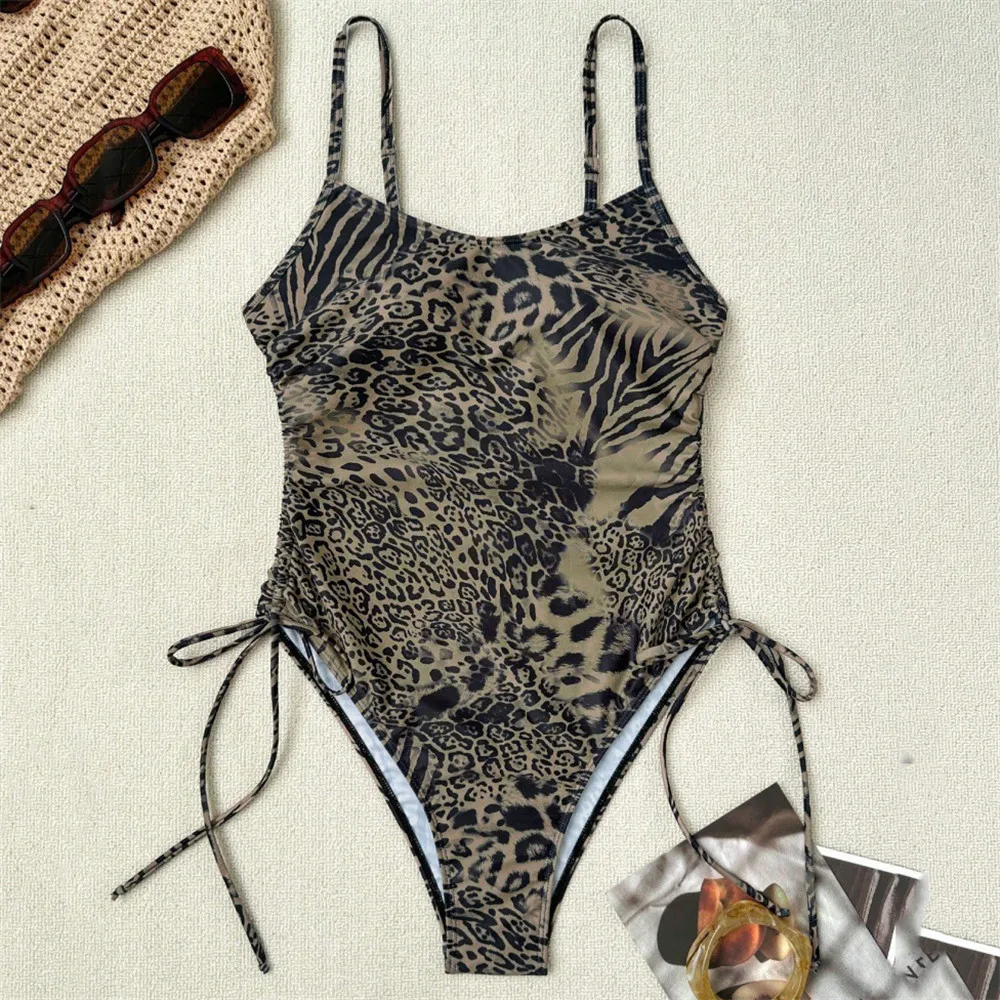 Gray Leopard Print Swimwear Sexy One Piece Swimsuit Women 2026 Side Drawstring Lace-up Bathing Suit Tummy Control Swimming Wear