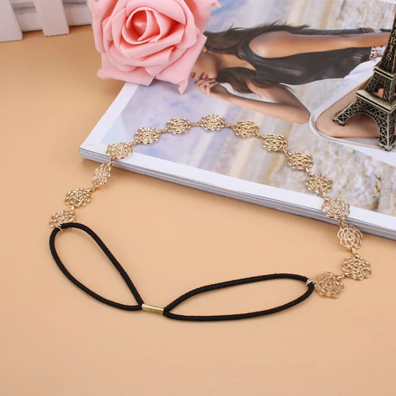 Golden Rose Flower Elastic Women Girls Hair Band Hollow Charming Headband Accessories