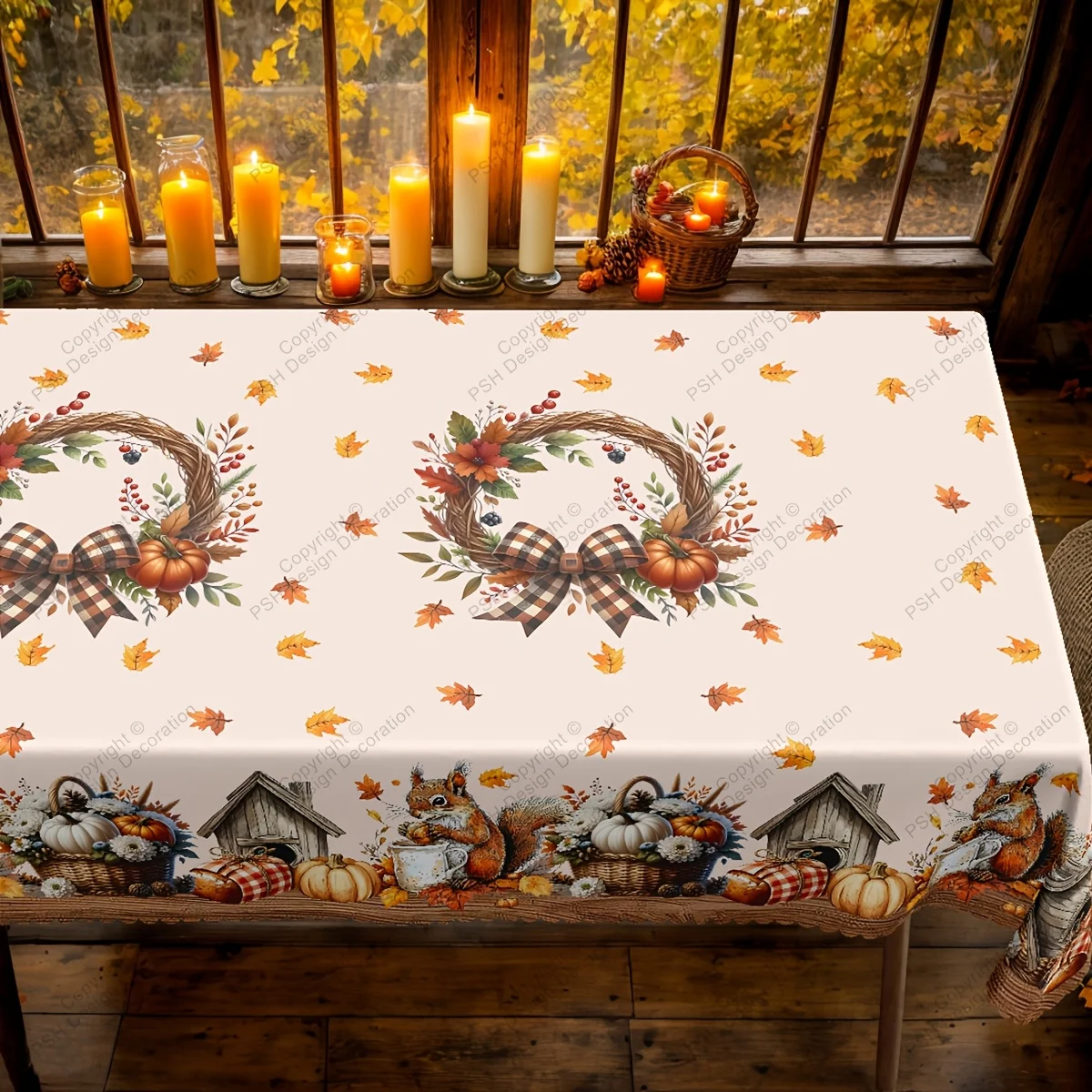 One polyester tablecloth, autumn Thanksgiving theme tablecloth, buffalo check pattern with squirrels, acorns, pumpkin flowerszyc