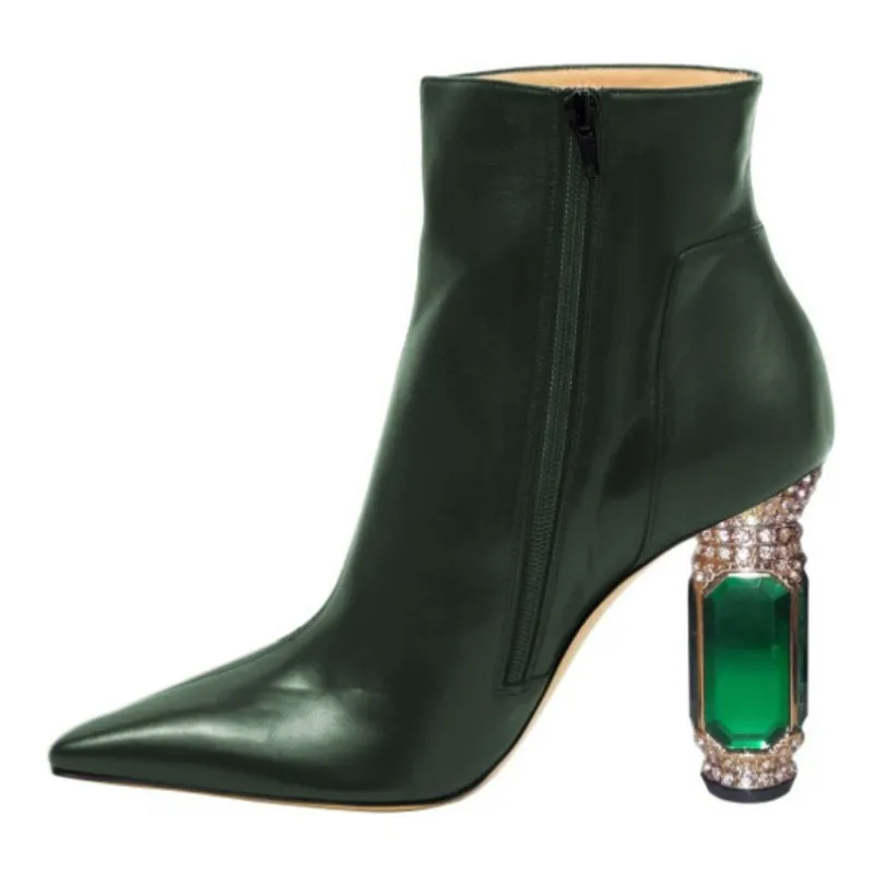

DIZHUANG shoes Fashionable women's high-heeled boots. About 10.5cm heel height. Ankle boots. Green short boots.Crystal heel.