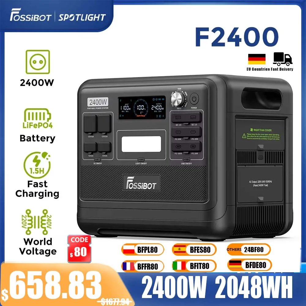 FOSSiBOT F2400 Portable Power Station, 2048Wh/640000mAh LiFePO4 Battery, 2400W(4800W Peak) Solar Generator,16 Output Ports