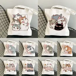 Bolso de hombro de lona para mujer, de gran capacidad bolsa ecológica, bolso de compras de dibujos animados de gato lindo, bolsos de compras