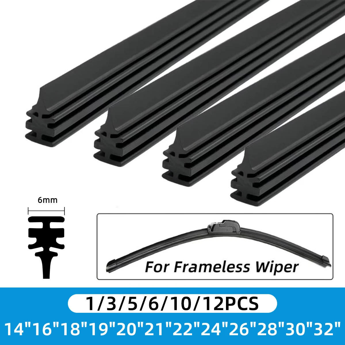 

1/3/5/6/10/12PCS Car Wiper Blade Boneless Rubber Strip 14''-32'' Natural Rubber Wear-Resistant Low-Noise Windshield Wiper Strip