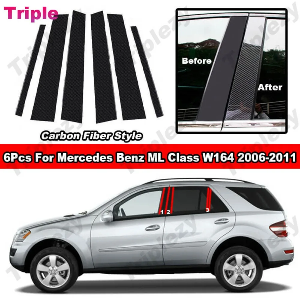 Chrome Carbon Black Car Door Window Center Middle Column BC Pillar Post Cover Mirror Effect Trim For Mercedes Benz ML Class W164