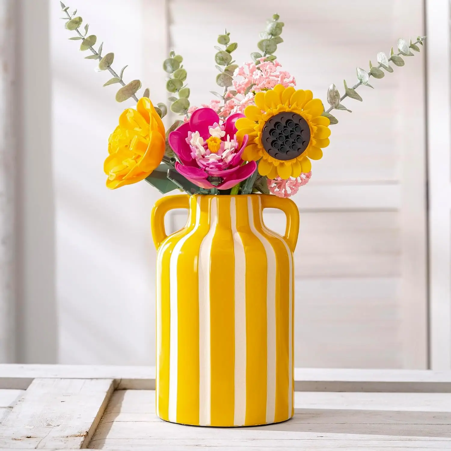 

for Mom from Daughter or Son, Yellow & White Ceramic Vase with Handles 9.1”, Striped Floral Vase for Home Decor, Kitche
