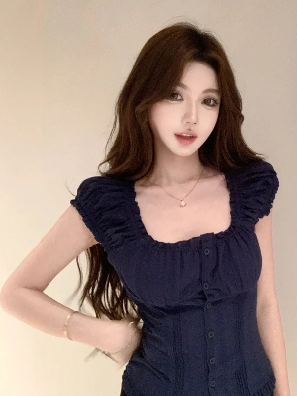 Koreański Delikatny Bluzka z Falbanką przy Kołnierzyku lub Sweter Damski Dopasowany Krój Letni Nowy Modny Prosty Oddychający Przyjazny dla Skóry