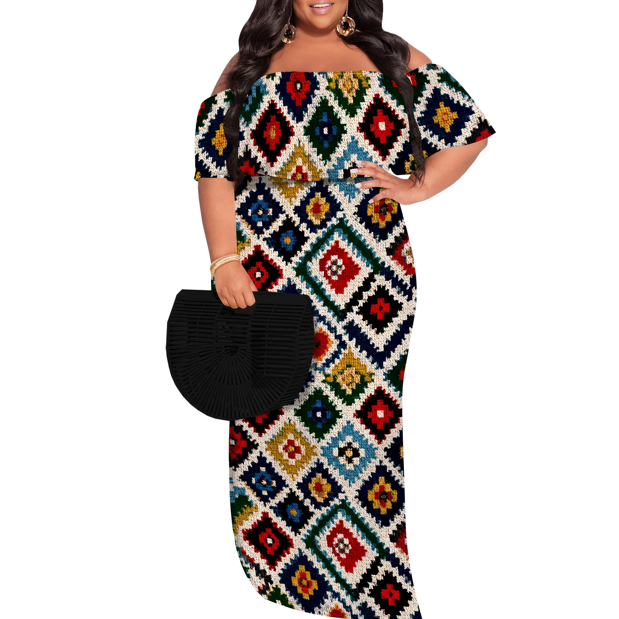 Women's Plus Size Summer Dresses Sexy Casual African Print Off The Shoulder Short Sleeve Ruffle Maxi Dress（XL-6XL）