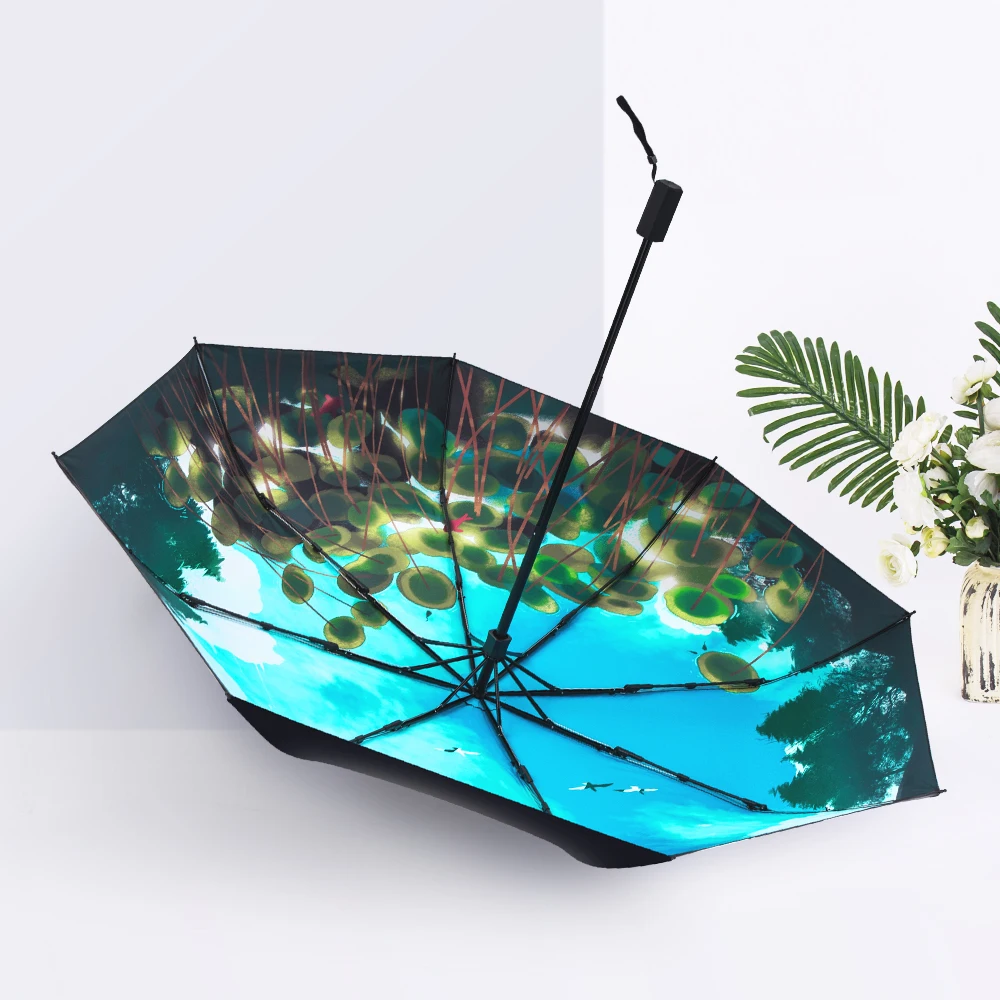 Lake view three fold folding umbrella travel pastoral breeze small fresh black rubber sun protection umbrella for men and women