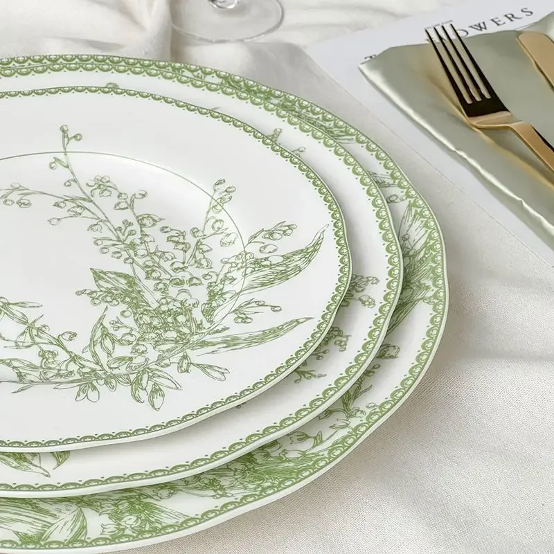 European Style Jade Green Lily of The Valley Series High-end Exquisite Bone China Western Dining Plate Dessert Plate Tableware