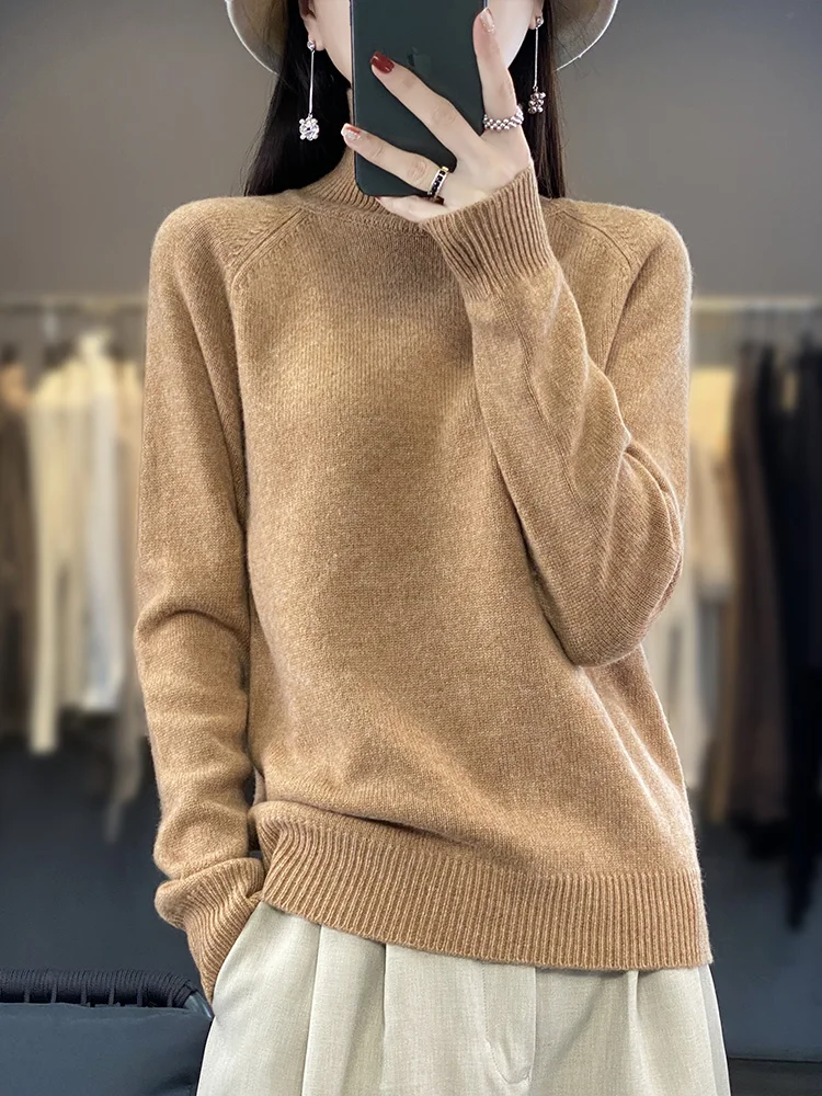 2024 Fashion Basic Autumn Winter Merino Wool Sweater Mock Neck Office Lady Knitted Pullover Solid Soft Long Sleeve Clothing Tops