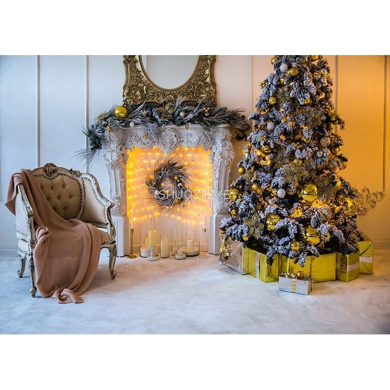 Shuozhike 크리스마스 사진 배경, 크리스마스 트리 벽난로 초상화 배경, 사진 스튜디오 소품 DYH-48