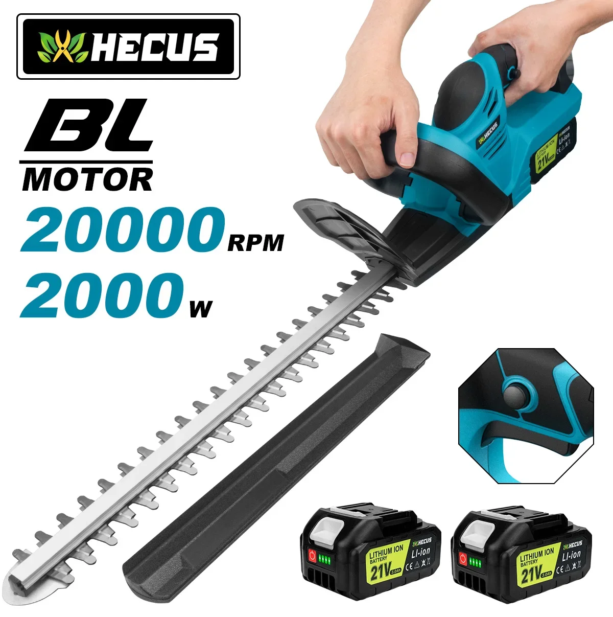 Hecus 20000RPM Brushless Electric Hedge Trimmer Efficient 2000W Cordless Garden Shrub Pruning Power Tools For Makita 18V Battery