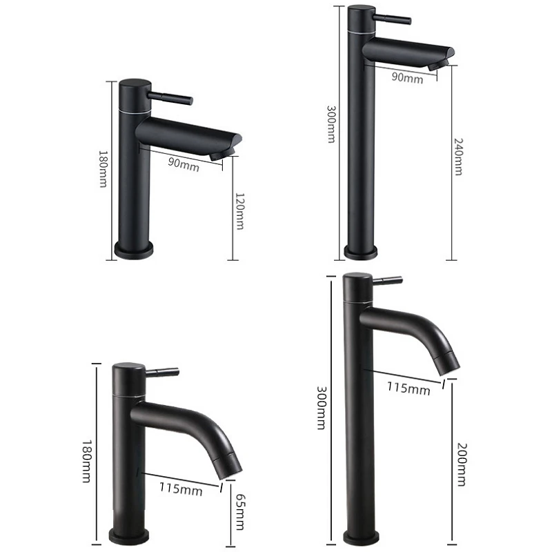 Bathroom Basin Faucet Matte Black Modern 304 Stainless Steel Waterfall Tall Sink Lavatory Vessel Tap Single Lever Cold Water Tap