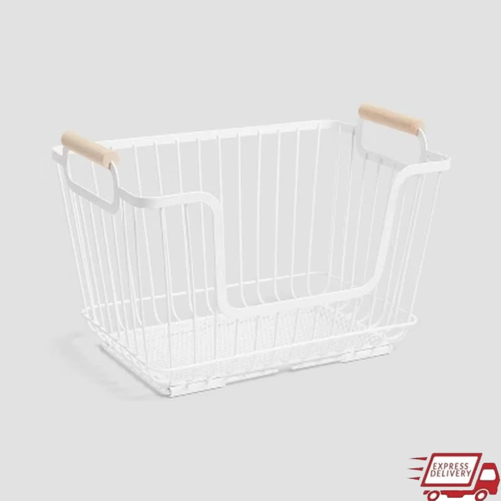 

Stackable Metal Wire Pantry Basket with Rubber Wood Handles Kitchen Storage Organizer Modern Design 9x13.5 Inches Easy Lift