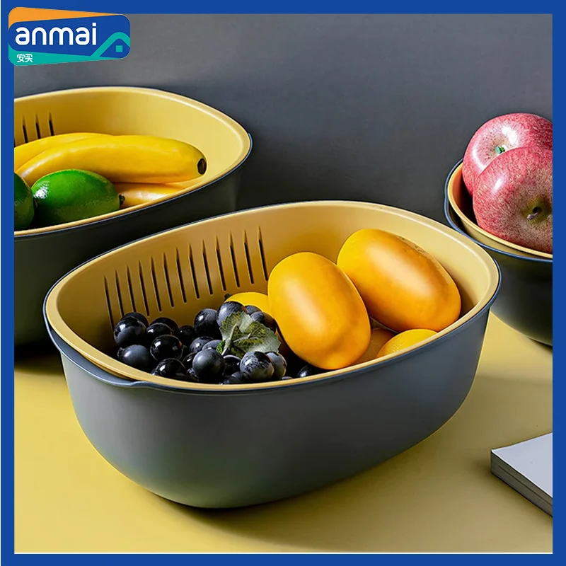 

Anmai Rotatable Double Drain Basket Fruits Vegetables Washing Storage Strainers Bowl Cleaning Filter Colander Tool Kitchen