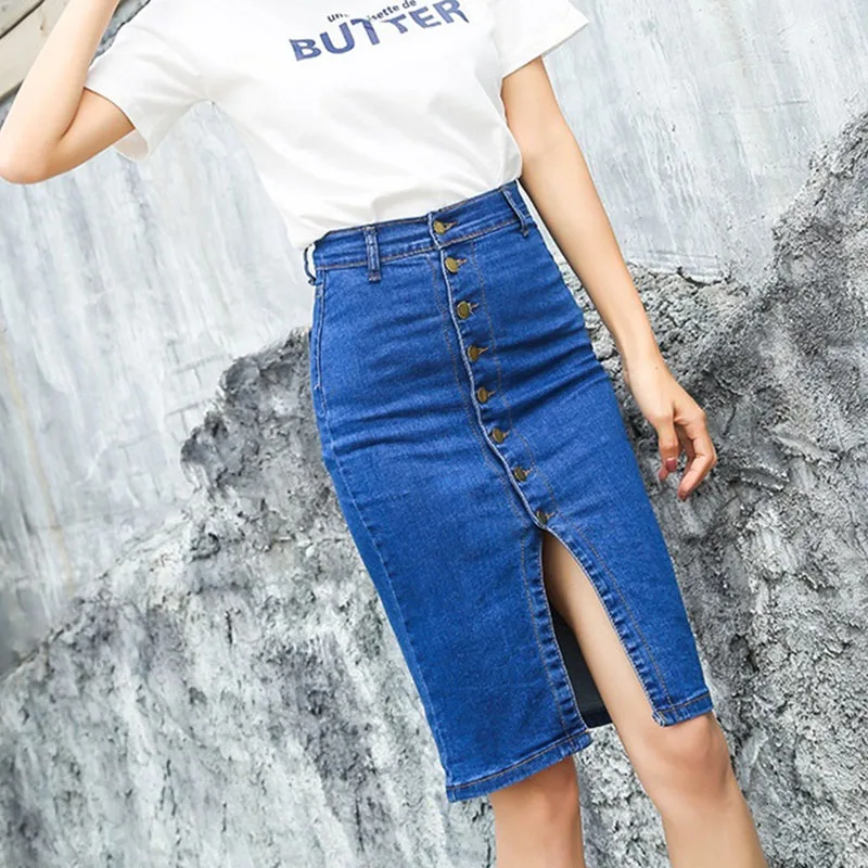 

2023 Fashion Korean Single-breasted Stretch Denim Skirt Women High-waist Slim Package Hip Jean Skirts Mid-length Spring Summer