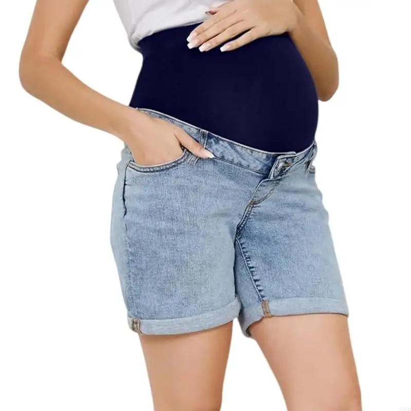Elastische Überbauch-Schwangerschafts-Jeans-Shorts, gerollter Saum, atmungsaktiv, bequem für werdende Mütter, tägliches Tragen – Detail 7