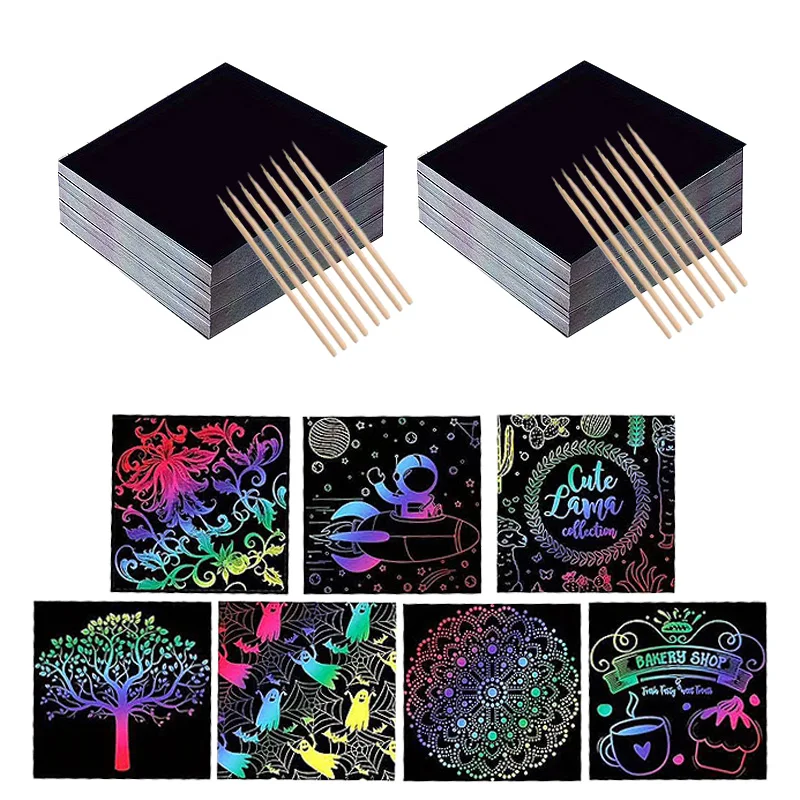 100pcs Scratch Paper Art Set Scratch Off Rainbow Magic Paper With 2 Bamboo Stylus Black Scratch Notes Xmas Birthday Gift Card